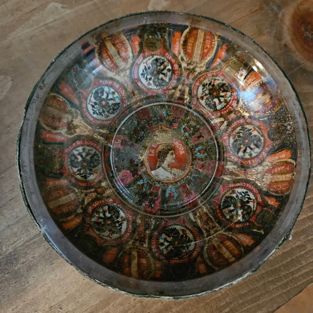 Vintage Flor De Lovera Cigar Band Art Glass Bowl Ashtray Tobacco Advertising 4"